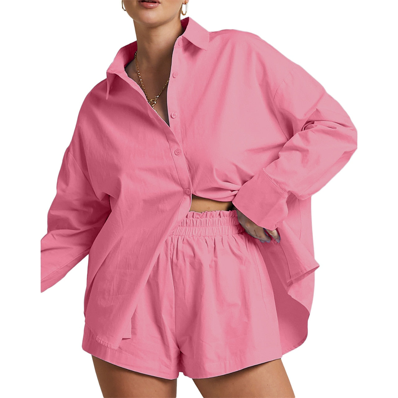 Suit - Two piece sets- Solid Cotton Set Shorts and Long Sleeve Shirt for Women- - Pekosa Women Clothing