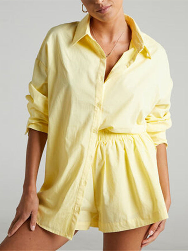 Suit - Two piece sets- Solid Cotton Set Shorts and Long Sleeve Shirt for Women- Yellow- Pekosa Women Clothing