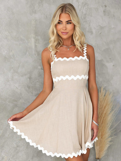Summer Dresses- Essential A-Line Cami Dress with Ric-Rac Trim- Red- Pekosa Women Clothing