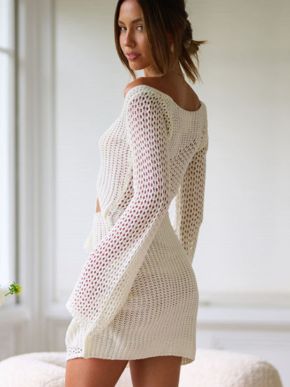 Summer Dresses- Long Sleeve Knit Cutout Dress for Summers- - Pekosa Women Clothing