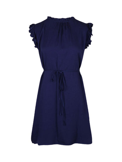 Summer Dresses- Summer Mini Dress with Frill Accents & Tie Waist- - Chuzko Women Clothing