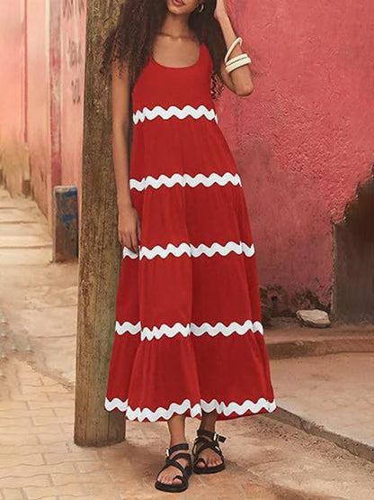 Summer Dresses- Vacation Ric-Rac Trimmed Flowy Sleeveless Maxi Dress- - Pekosa Women Clothing