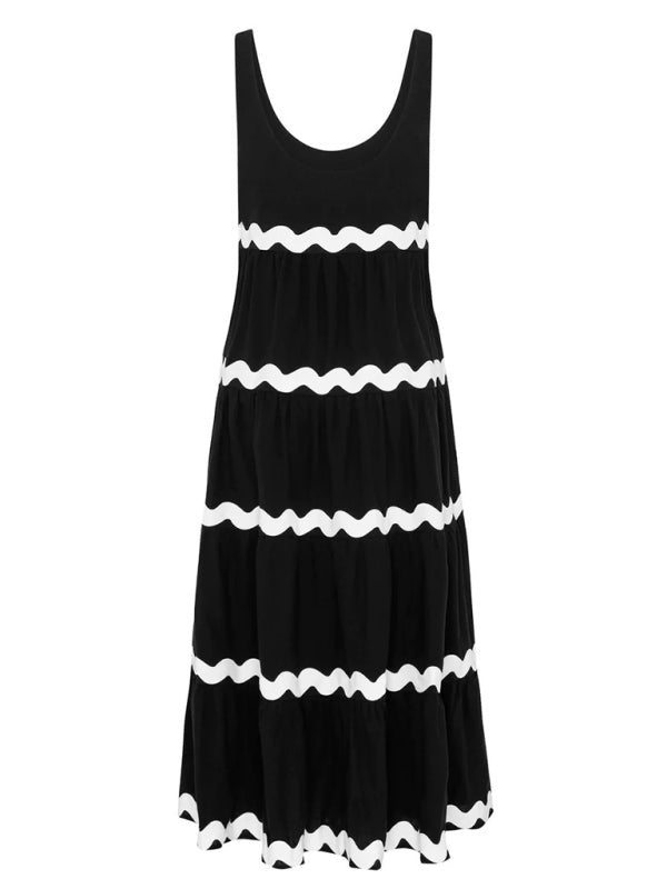 Summer Dresses- Vacation Ric-Rac Trimmed Flowy Sleeveless Maxi Dress- - Pekosa Women Clothing