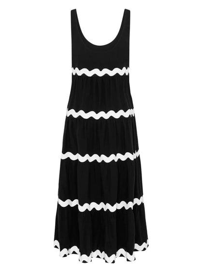 Summer Dresses- Vacation Ric-Rac Trimmed Flowy Sleeveless Maxi Dress- - Pekosa Women Clothing