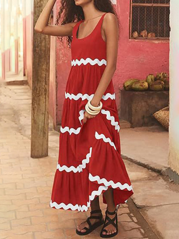 Summer Dresses- Vacation Ric-Rac Trimmed Flowy Sleeveless Maxi Dress- - Pekosa Women Clothing