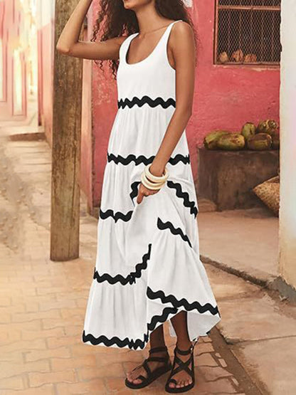 Summer Dresses- Vacation Ric-Rac Trimmed Flowy Sleeveless Maxi Dress- - Pekosa Women Clothing