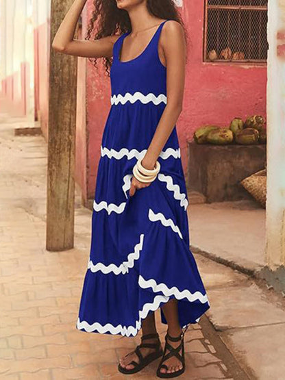 Summer Dresses- Vacation Ric-Rac Trimmed Flowy Sleeveless Maxi Dress- - Pekosa Women Clothing