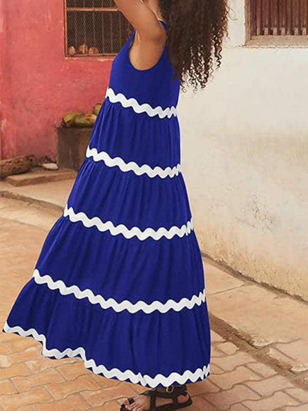 Summer Dresses- Vacation Ric-Rac Trimmed Flowy Sleeveless Maxi Dress- - Pekosa Women Clothing