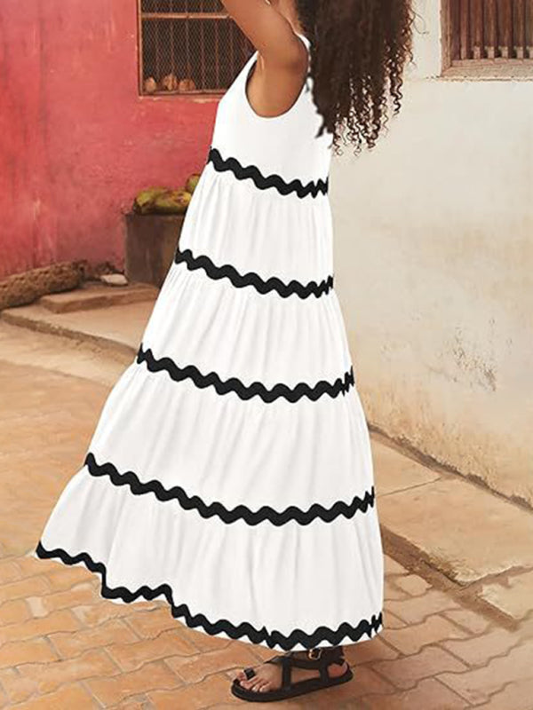Summer Dresses- Vacation Ric-Rac Trimmed Flowy Sleeveless Maxi Dress- - Pekosa Women Clothing