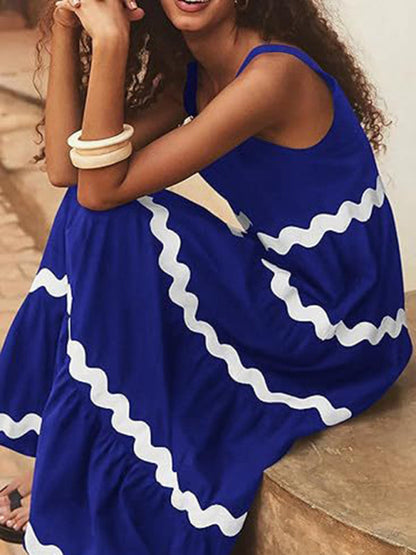 Summer Dresses- Vacation Ric-Rac Trimmed Flowy Sleeveless Maxi Dress- Black- Pekosa Women Clothing