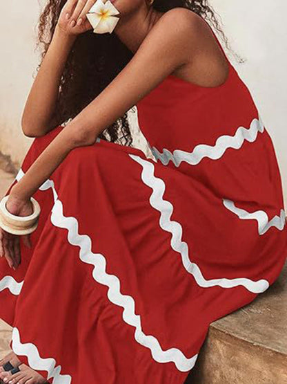 Summer Dresses- Vacation Ric-Rac Trimmed Flowy Sleeveless Maxi Dress- - Pekosa Women Clothing