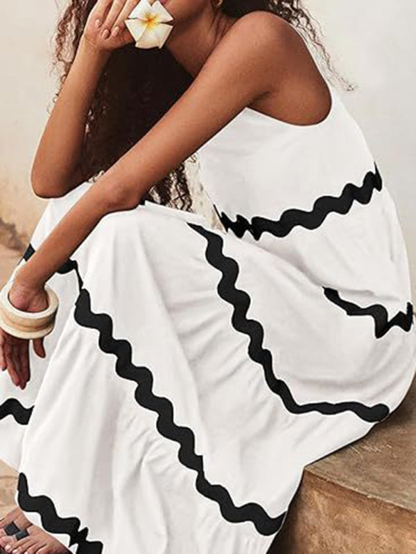 Summer Dresses- Vacation Ric-Rac Trimmed Flowy Sleeveless Maxi Dress- - Pekosa Women Clothing