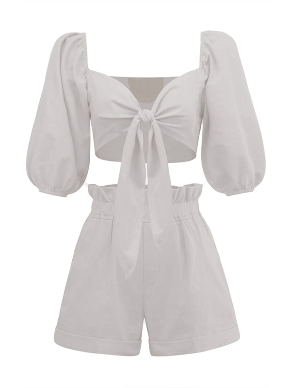 Summer Outfit- Vacation Crop Tie Blouse & High-Rise Shorts 2-Piece Set- - Pekosa Women Clothing