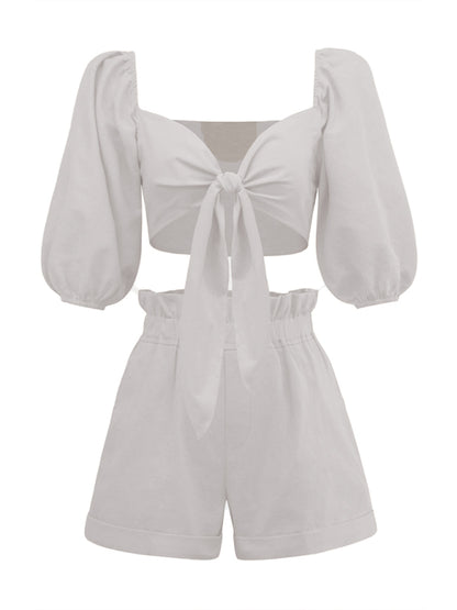 Summer Outfit- Vacation Crop Tie Blouse & High-Rise Shorts 2-Piece Set- - Pekosa Women Clothing