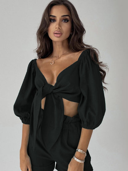 Summer Outfit- Vacation Crop Tie Blouse & High-Rise Shorts 2-Piece Set- Black- Pekosa Women Clothing