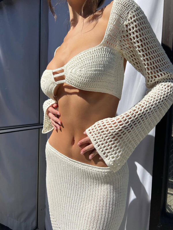 Summer Outfits- Crochet Beach Outfit with Long Sleeve Crop Top and Long Skirt- - Pekosa Women Clothing