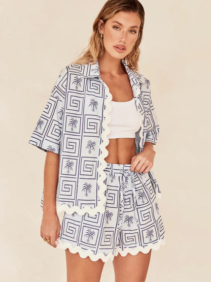 Summer Outfits- Ric-rac Trim Open Shirt and Shorts Combo - 2 Piece Vacation Outfit- - Pekosa Women Clothing