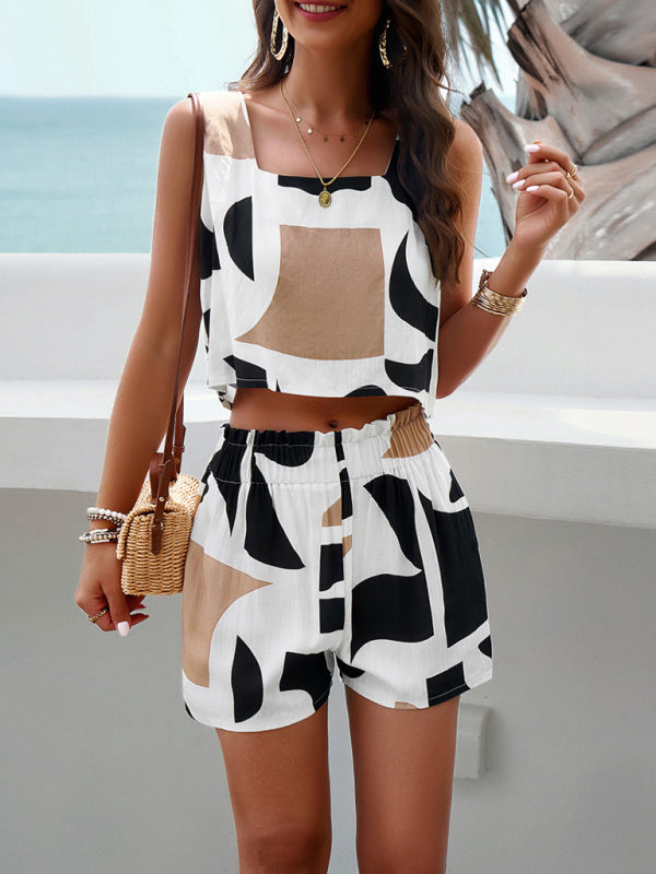 Summer Outfits- Summer Tropical Print Tank Top & Shorts Lounge Set- Coffee- Pekosa Women Clothing