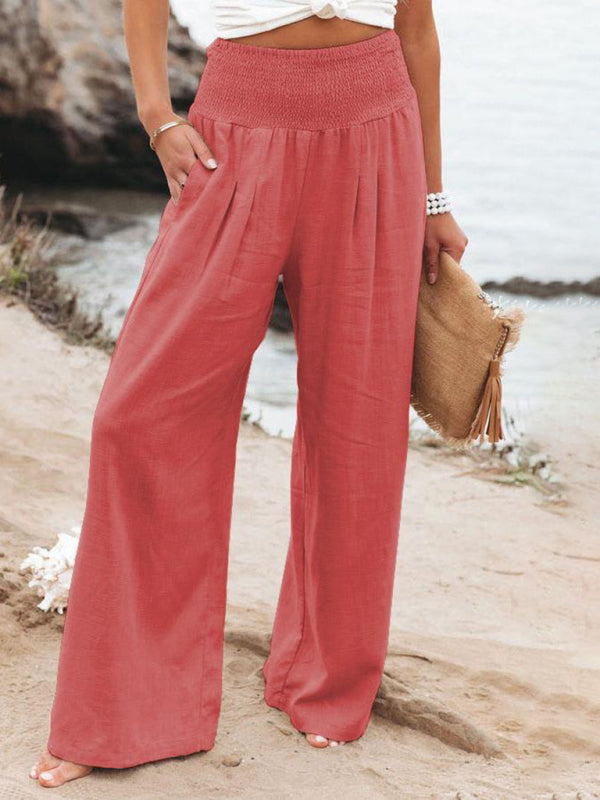 Summer Pants- Smocked High Waist Cotton Textured Palazzo Pants for Summer- - Pekosa Women Clothing