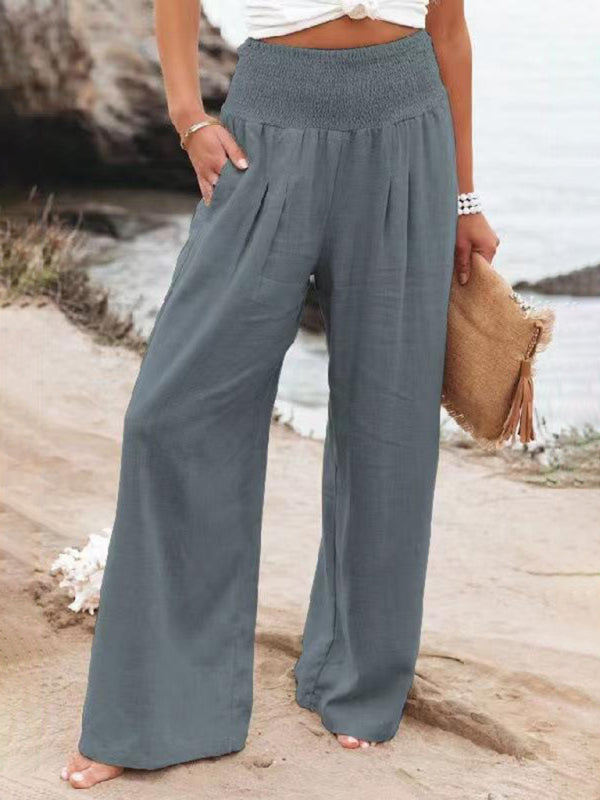 Summer Pants- Smocked High Waist Cotton Textured Palazzo Pants for Summer- - Pekosa Women Clothing
