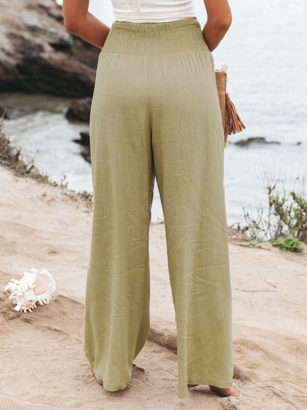 Summer Pants- Smocked High Waist Cotton Textured Palazzo Pants for Summer- - Pekosa Women Clothing