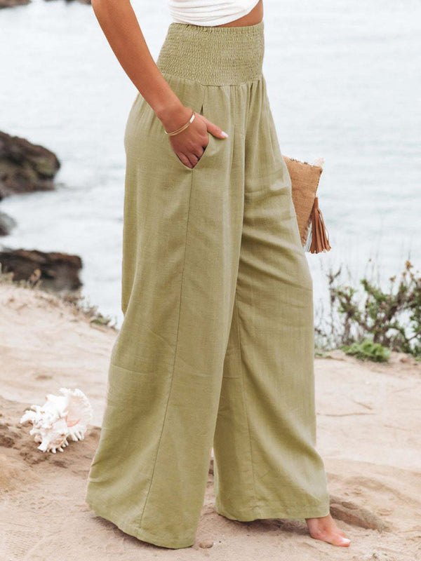 Summer Pants- Smocked High Waist Cotton Textured Palazzo Pants for Summer- - Pekosa Women Clothing