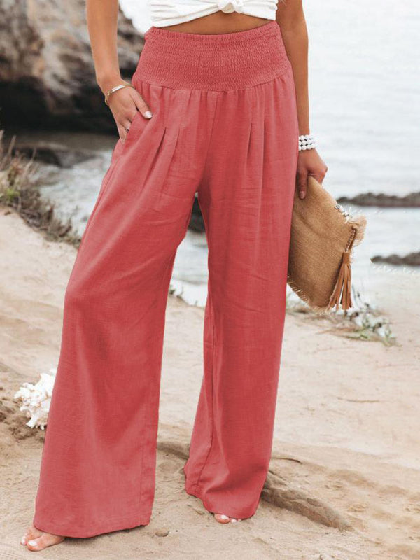 Summer Pants- Smocked High Waist Cotton Textured Palazzo Pants for Summer- Orange Red- Pekosa Women Clothing