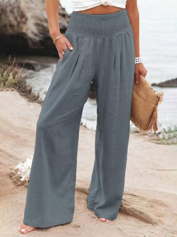 Summer Pants- Smocked High Waist Cotton Textured Palazzo Pants for Summer- Grey- Pekosa Women Clothing
