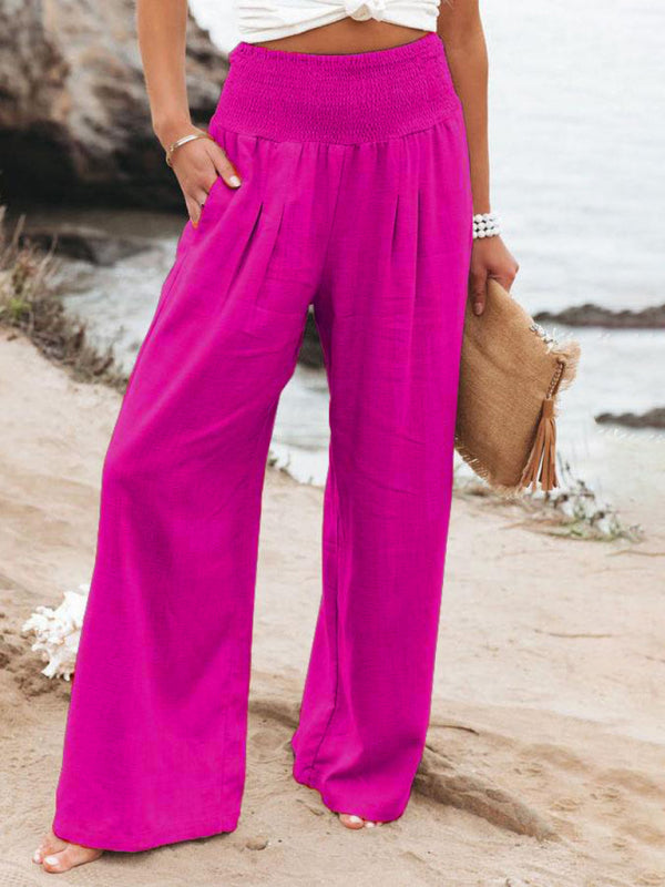 Summer Pants- Smocked High Waist Cotton Textured Palazzo Pants for Summer- Rose- Pekosa Women Clothing