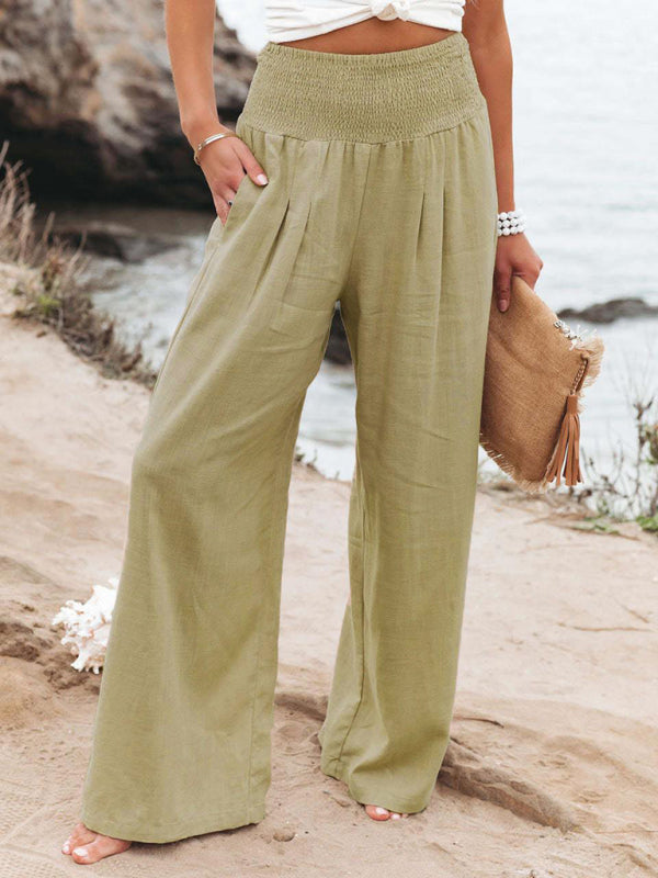 Summer Pants- Smocked High Waist Cotton Textured Palazzo Pants for Summer- - Pekosa Women Clothing