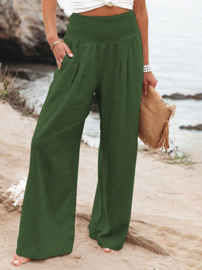 Summer Pants- Smocked High Waist Cotton Textured Palazzo Pants for Summer- Green- Pekosa Women Clothing