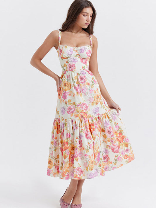 Sundresses- Romantic Floral Corset Sundress - Cottage Dress- Orange- Pekosa Women Clothing
