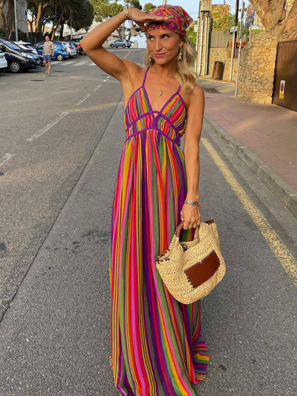 Sundresses- Summer Stripe Cami Maxi Dress with Strappy Back | Sundress- - Pekosa Women Clothing