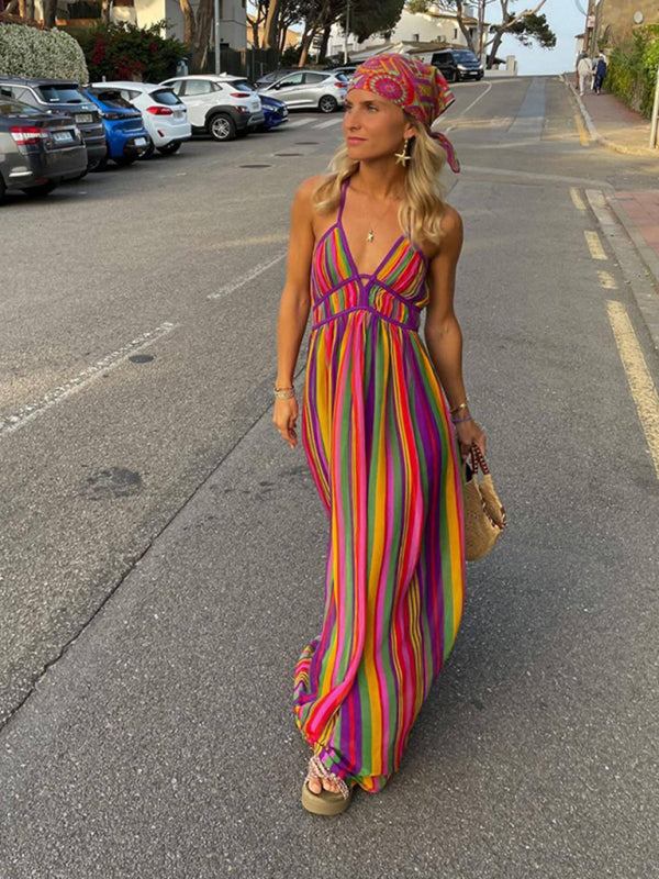 Sundresses- Summer Stripe Cami Maxi Dress with Strappy Back | Sundress- - Pekosa Women Clothing