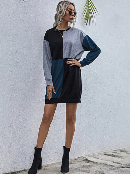 Sweater Dresses- Color Block Cotton Round Neck Sweater Dress- - Pekosa Women Clothing