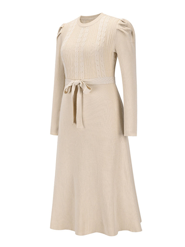 Sweater Dresses- Knit Sweater Belted Dress with Ribbed & Cable Detail, Puff Sleeve- - Pekosa Women Clothing