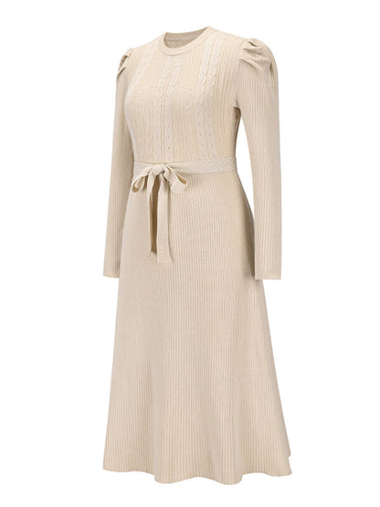 Sweater Dresses- Knit Sweater Belted Dress with Ribbed & Cable Detail, Puff Sleeve- - Pekosa Women Clothing