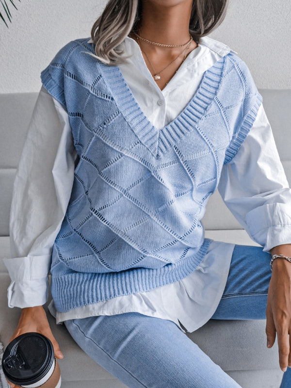 Sweater Vests- Knitted Sweater - Diamond Openwork Ribbed Vest- - Pekosa Women Clothing