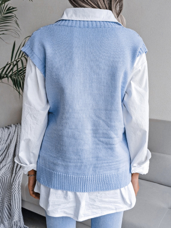 Sweater Vests- Knitted Sweater - Diamond Openwork Ribbed Vest- - Pekosa Women Clothing
