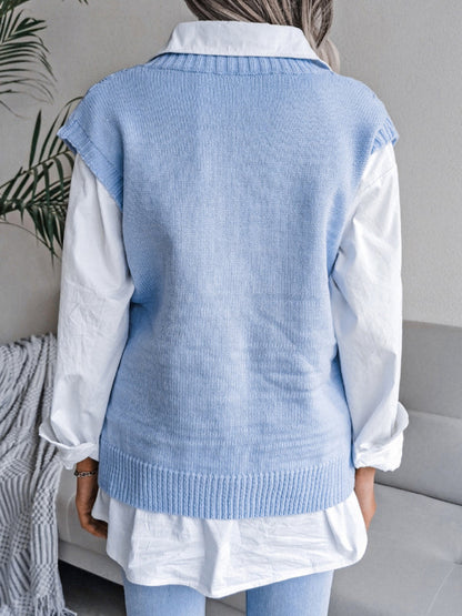 Sweater Vests- Knitted Sweater - Diamond Openwork Ribbed Vest- - Pekosa Women Clothing