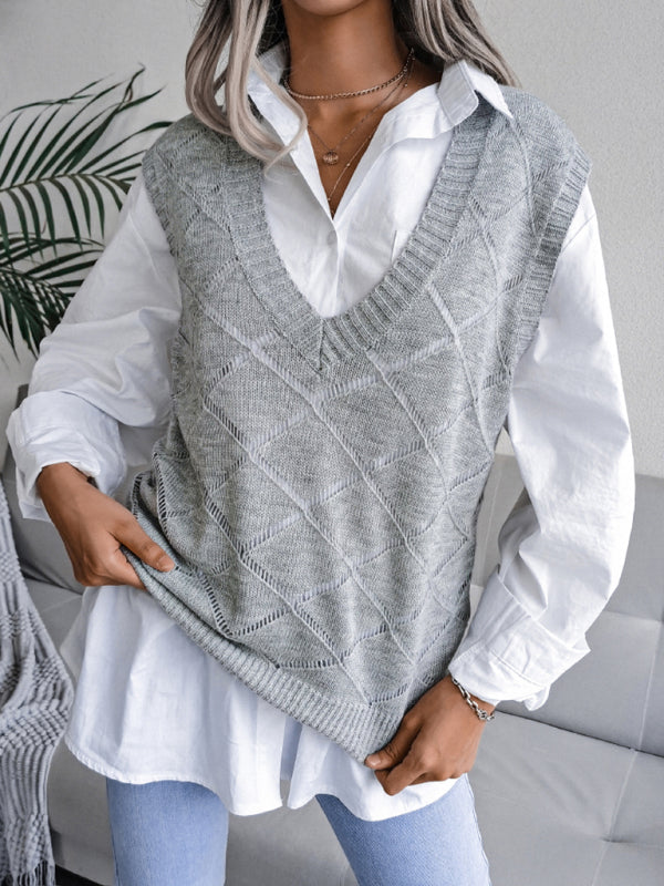Sweater Vests- Knitted Sweater - Diamond Openwork Ribbed Vest- - Pekosa Women Clothing