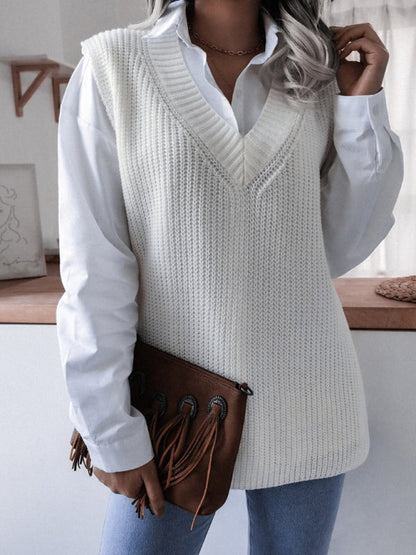 Sweater Vests- Knitted V Neck Sweater Vest- - Pekosa Women Clothing