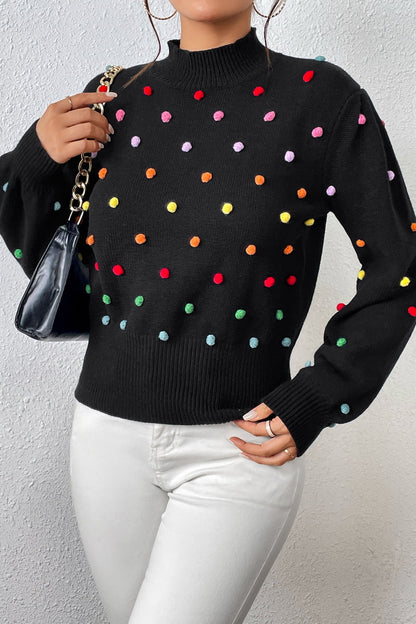 Sweater- Women's Rainbow Pom Pom Sweater - Fashionable Knitwear Pullover- - Pekosa Women Clothing