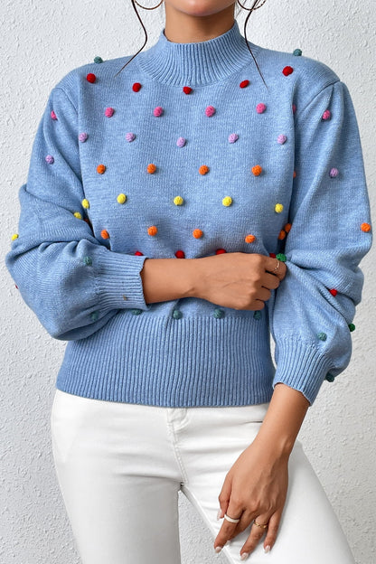 Sweater- Women's Rainbow Pom Pom Sweater - Fashionable Knitwear Pullover- - Pekosa Women Clothing