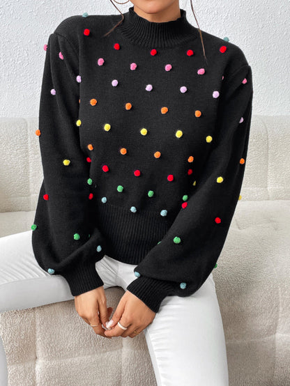 Sweater- Women's Rainbow Pom Pom Sweater - Fashionable Knitwear Pullover- Black- Pekosa Women Clothing
