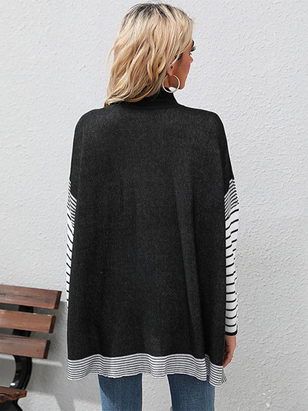 Sweaters- Autumn Patchwork Stripe Loose High Neck Sweater Top- - Pekosa Women Clothing