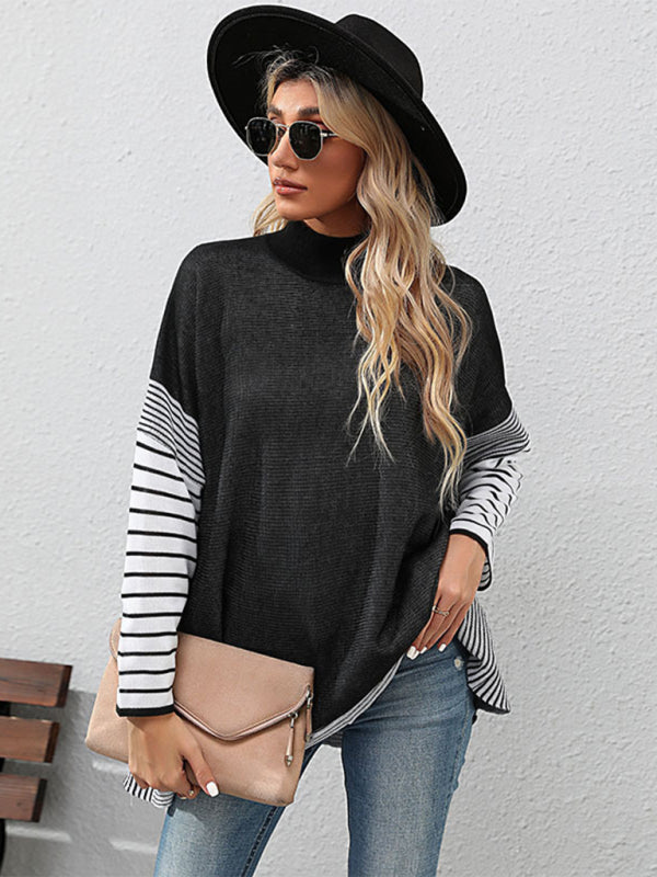 Sweaters- Autumn Patchwork Stripe Loose High Neck Sweater Top- - Pekosa Women Clothing