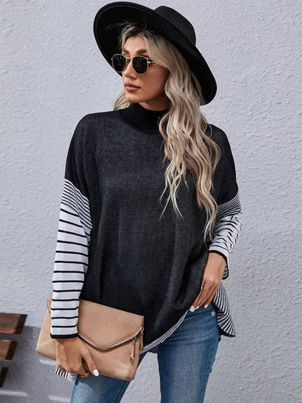 Sweaters- Autumn Patchwork Stripe Loose High Neck Sweater Top- - Pekosa Women Clothing
