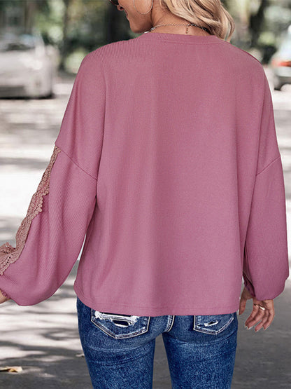 Sweaters- Autumn Solid Knit Lace V-Neck Sweater Top- - Pekosa Women Clothing
