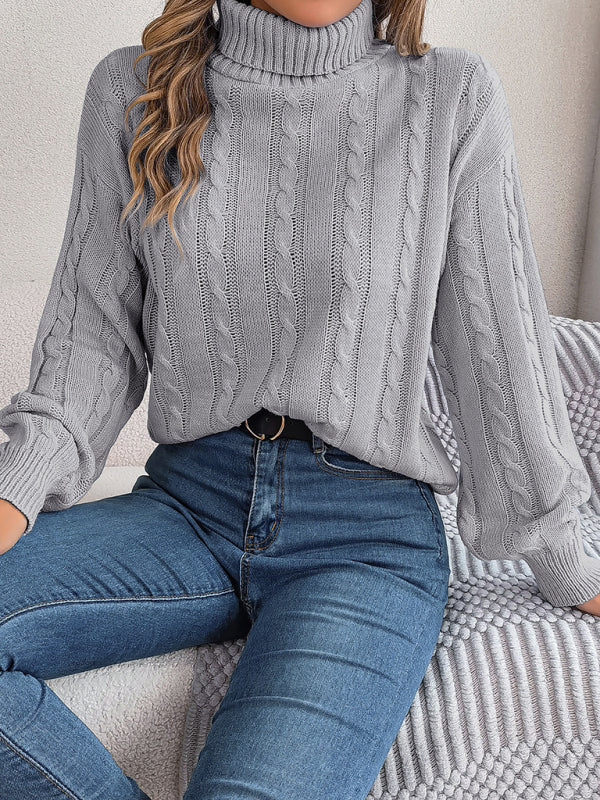 Sweaters- Cable Knit Autumn/Winter Turtleneck Sweater with Lantern Sleeves- Grey- Pekosa Women Clothing